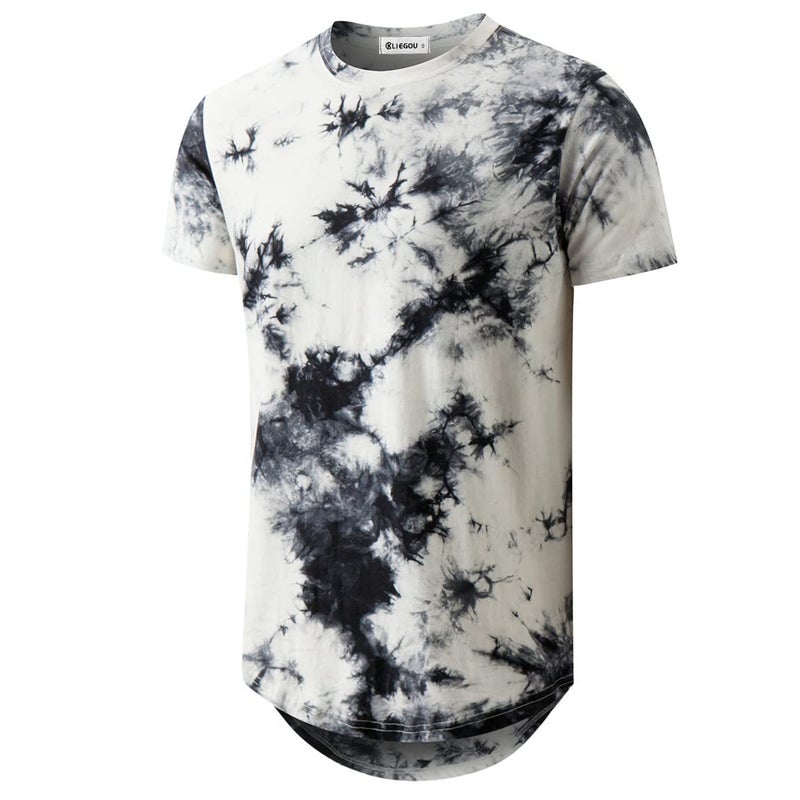 KLIEGOU Mens Hip Hop Tie-Dyed Hipster Curve Hem T Shirt(1803ZR White XL) - Image 1